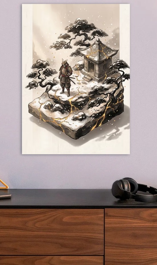 Samurai in Snowy Landscape with Kintsugi — metal poster wall art by Lineer